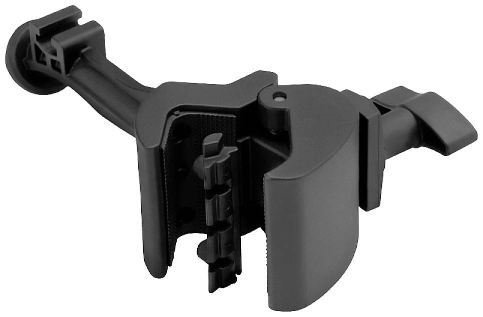 Eine schwarze Befestigungsklammer mit Hebel und Zacken, die zur Montage oder Sicherung von Gegenständen verwendet wird.