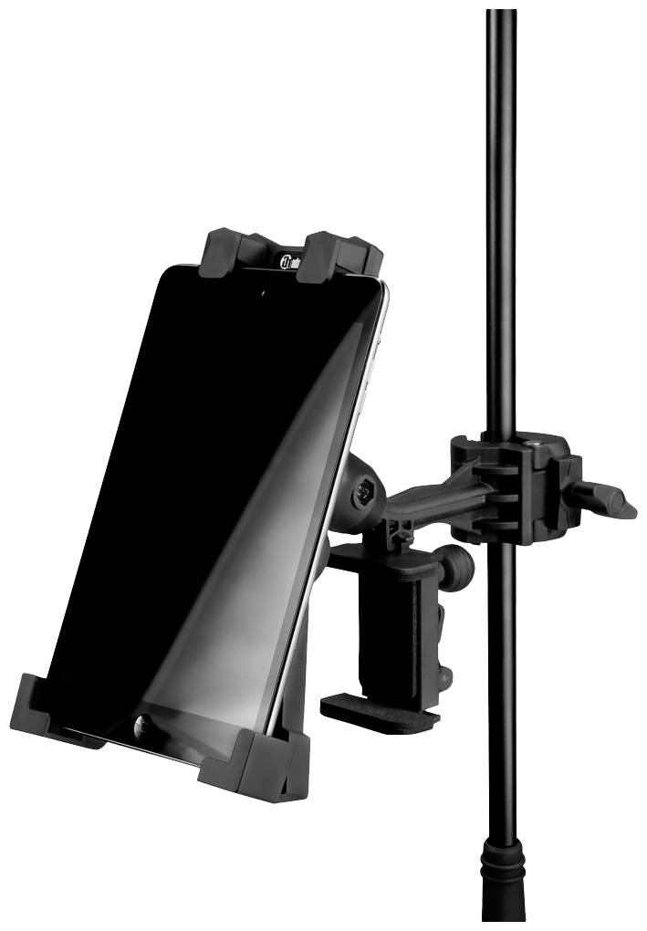 Tablet-Halterung an einem Stativ befestigt, hält ein Tablet sicher, ideal für Präsentationen oder als Notenständer-Ersatz.