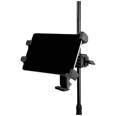 Tablet-Halterung, an einem Stativ befestigt, hält ein Tablet in horizontaler Ausrichtung. Ideal für Präsentationen oder Musiknoten.