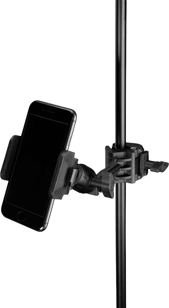 Ein Smartphone ist in einer Halterung an einem Metallstativ befestigt.