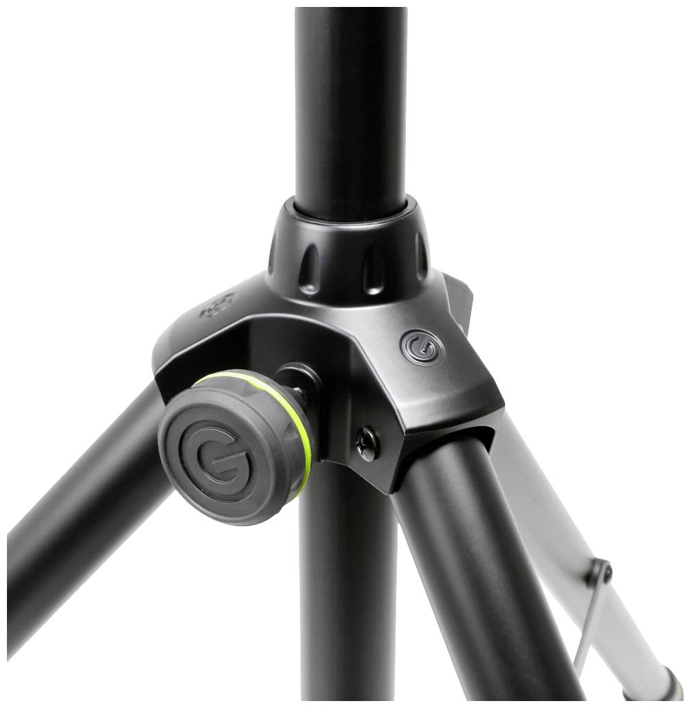 Schwarzes Stativ mit verstellbarem Drehknopf und stabilen Beinen, geeignet für Kamera- oder Lichtaufnahmen.