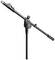Schwarzer Mikrofonständer mit verstellbaren Gelenken, grünem Drehknopf. Eignet sich für Bühneneinsätze und Studioaufnahmen.