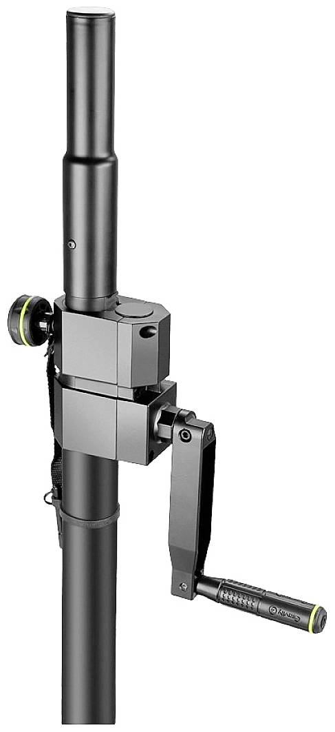 Mikrofonständer mit Kurbelmechanismus zum Einstellen der Höhe. Verwendet in Tonstudios oder Bühnen für präzise Mikrofonpositionierung.