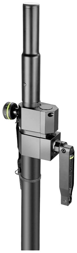 Ein schwarzer, verstellbarer Mikrofonständer mit Kurbelsystem und Höhenmarkierung zeigt eine robuste, funktionale Konstruktion.