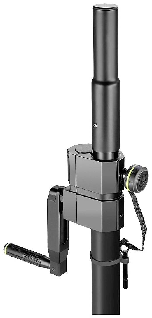 Teleskopstange mit Handkurbel und Sicherungsmechanismus, geeignet für Bauprojekte zur schnellen Höhenverstellung und stabilen Nutzung.