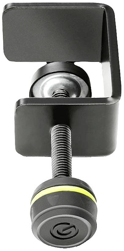 Eine schwarze Tischklemme mit Schraubmechanismus, geeignet zur Befestigung von Geräten an einer Tischplatte.