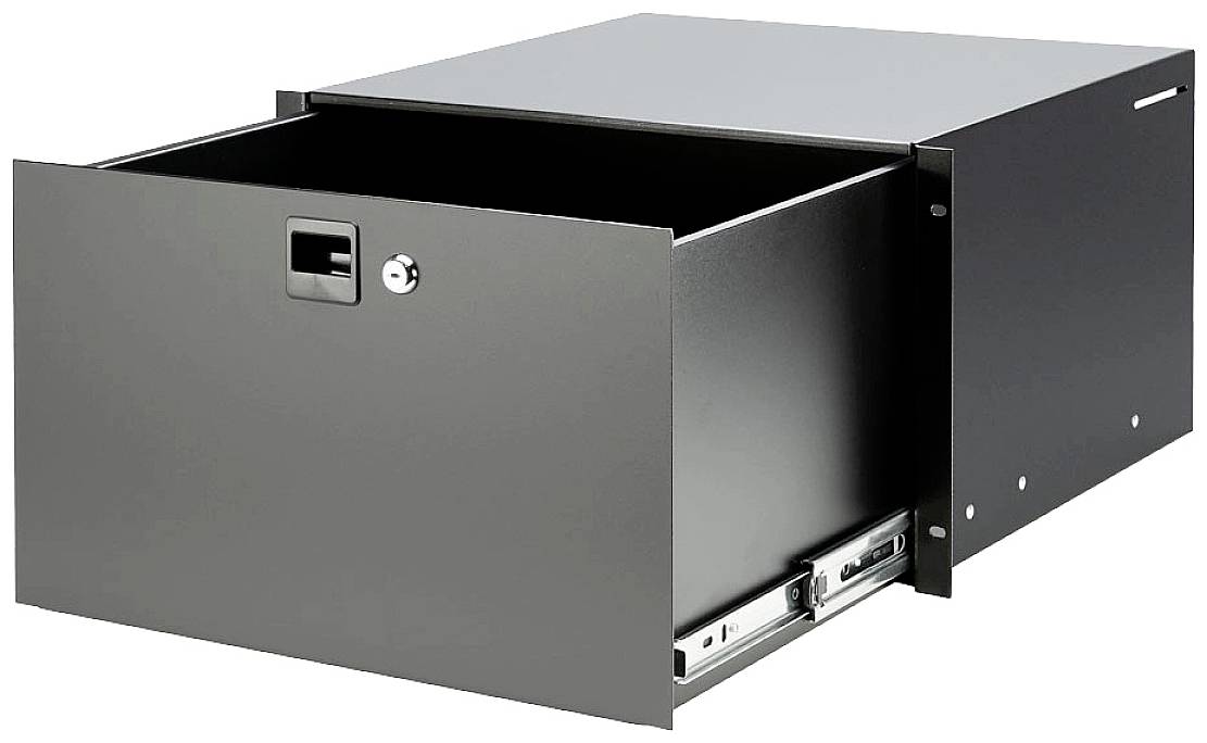 Eine offene schwarze Schublade aus Metall, teilweise herausgezogen, mit einem Schloss an der Vorderseite.
