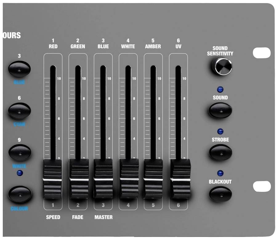 Ein graues Mischpult mit sechs Schiebereglern für Farben (Rot, Grün, Blau, Weiß, Bernstein, UV) und Knöpfen für Geschwindigkeit, Sound, Strobe und Blackout-Steuerung.