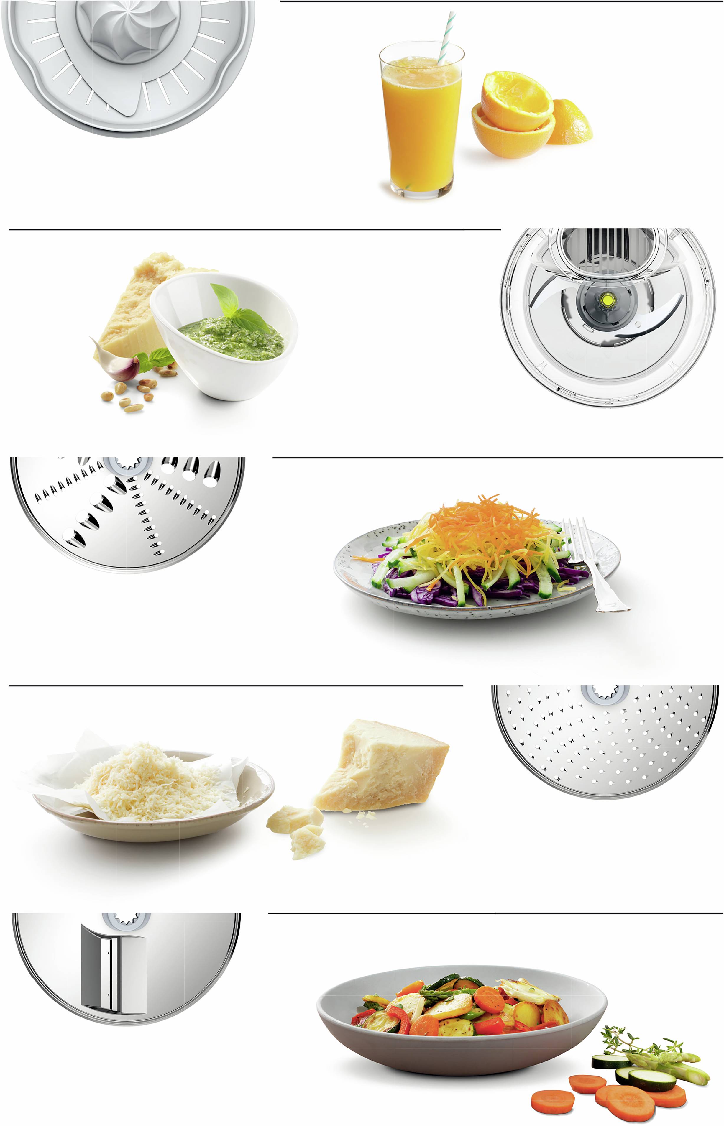 Die Collage zeigt verschiedene Küchengeräte und Zutaten: ein Glas Orangensaft, frisch geschnittene Orangen, Gemüsegerichte und ein Stück Parmesan mit Reibe.