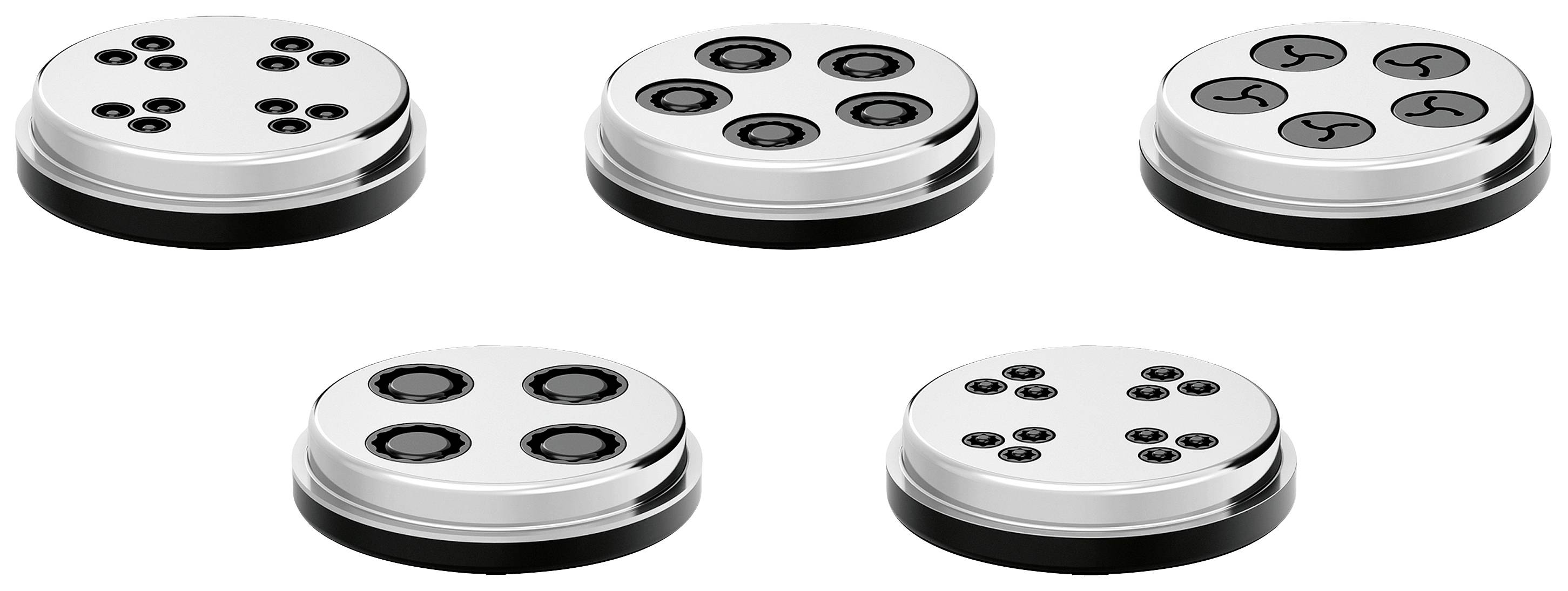 Fünf runde Metallplatten mit je vier schwarzen Gummidichtungen in geometrischer Anordnung, auf weißem Hintergrund.