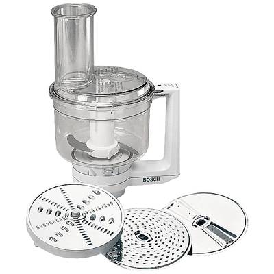 Eine Küchenmaschine von Bosch mit drei auswechselbaren Scheiben zum Zerkleinern, Raspeln und Schneiden von Lebensmitteln.