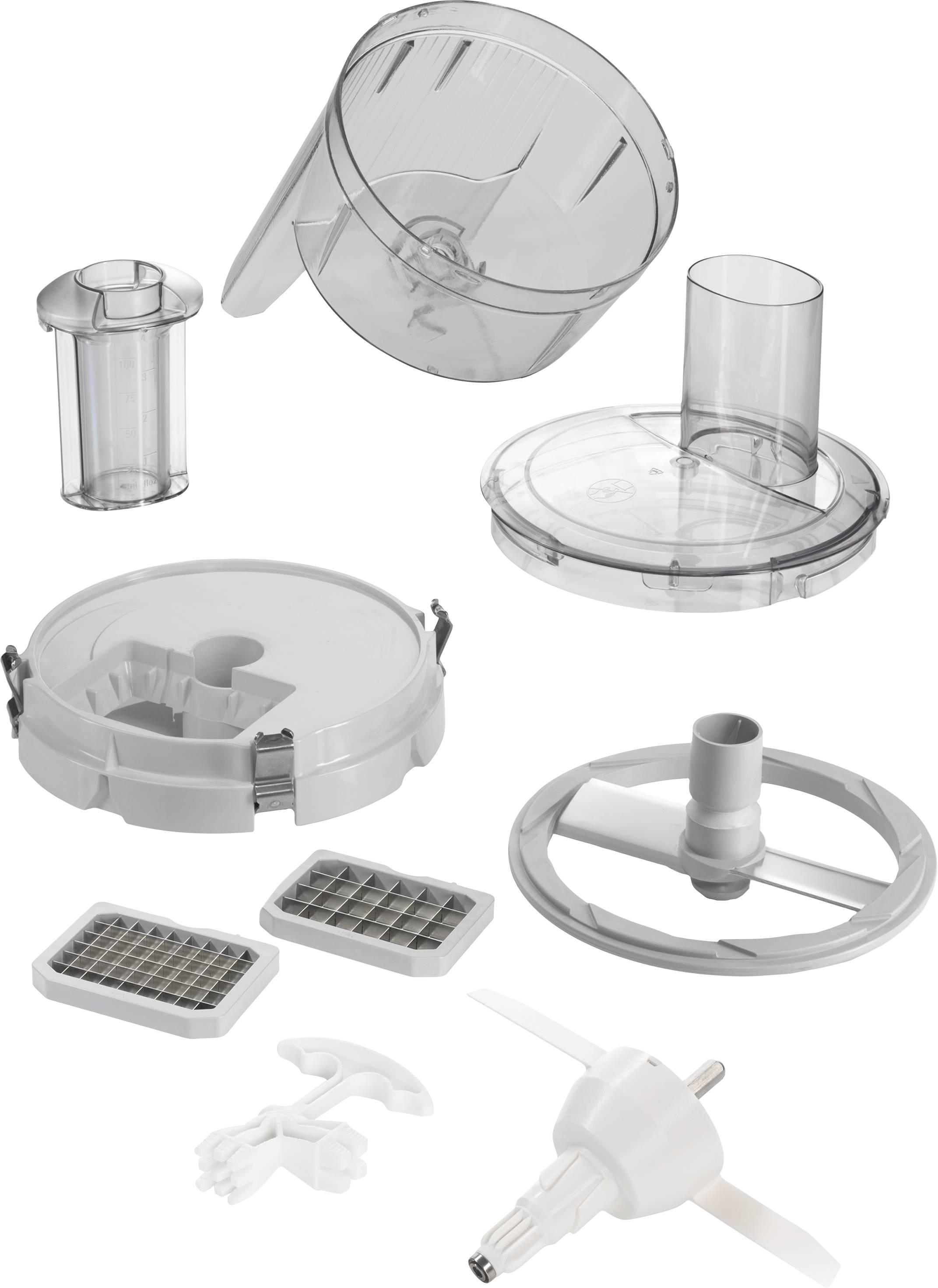 Abbildung zeigt Einzelteile eines Küchengeräts, darunter Deckel, Behälter, Schaufelräder und Reibeesatz. Teile sind aus Kunststoff.