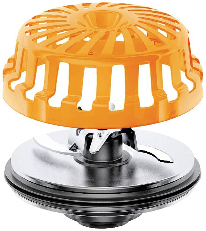 Ein leuchtend orangefarbener, kunststoffbeschichteter Dachablauf mit Auffanggitter für Regenwasser, gewährleistet zuverlässige Entwässerung.