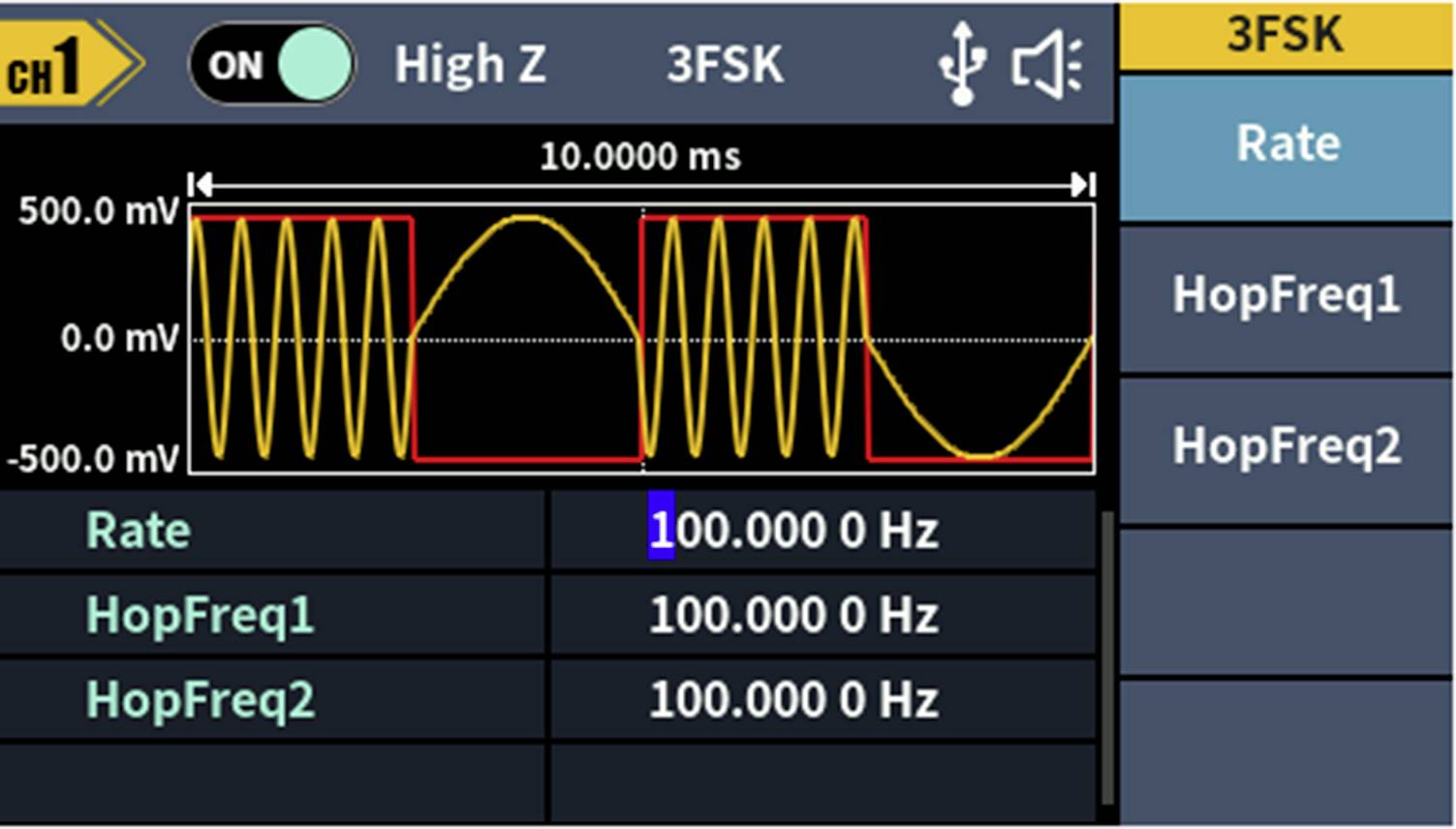 Oszilloskop-Display zeigt 3FSK-Modulation mit gelber Wellenform und roten Markierungen. Frequenzen: Rate 100 Hz, HopFreq1/2: 100 Hz.