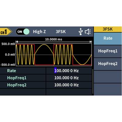 Oszilloskop-Display zeigt 3FSK-Modulation mit gelber Wellenform und roten Markierungen. Frequenzen: Rate 100 Hz, HopFreq1/2: 100 Hz.
