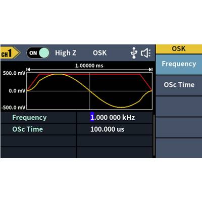 Oszilloskop-Display zeigt eine Sinuswelle mit 1 MHz Frequenz und 100 µs Dauer. Frequenz und Oszillationszeit werden hervorgehoben.
