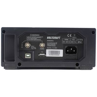 Rückansicht eines Voltcraft-Geräts mit verschiedenen Anschlüssen und einem AC-Netzstecker. Enthält Warnhinweise und Modellnummer.