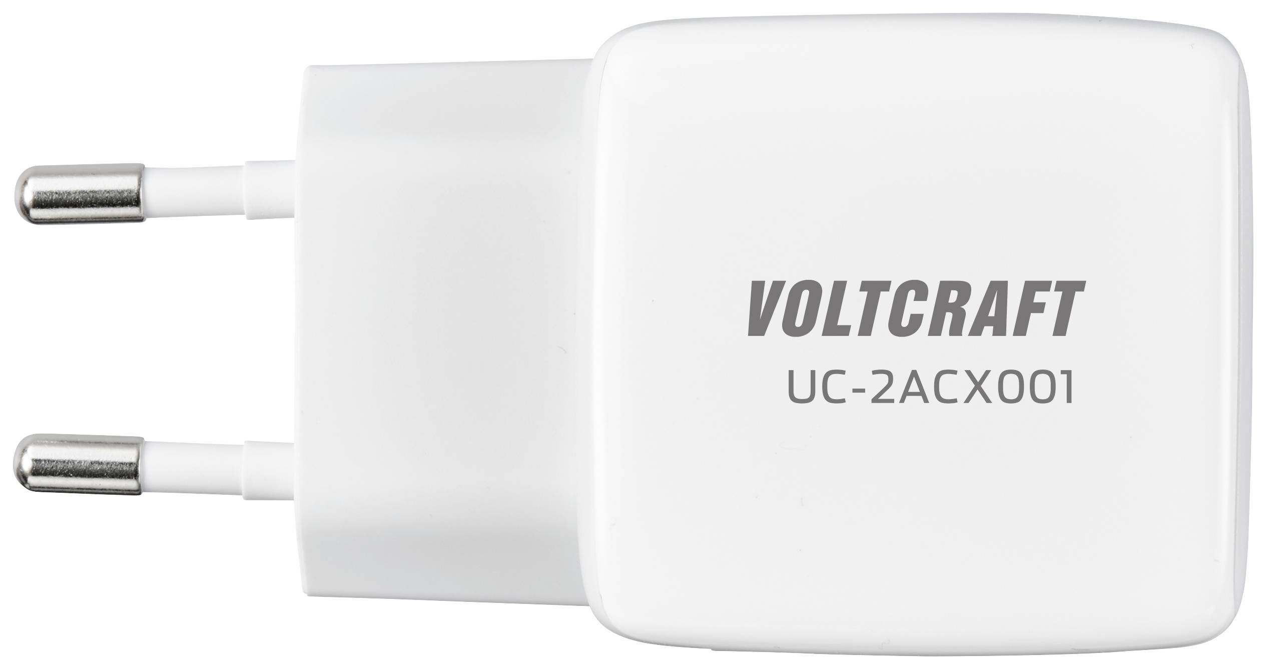 Weißes USB-Ladegerät 'VOLTCRAFT UC-2ACX001' mit zwei EU-Steckern.