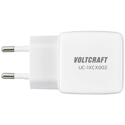 Ein weißes Ladegerät mit der Aufschrift 'VOLTCRAFT UC-1XCX002'. Es hat zwei europäische Steckerkontakte.
