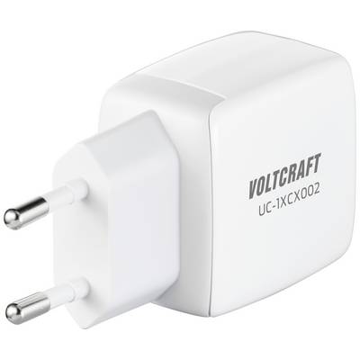 Ein weißes Ladegerät mit europäischem Stecker. Auf der Seite ist die Marke 'Voltcraft' und das Modell 'UC-1XCX002' aufgedruckt.