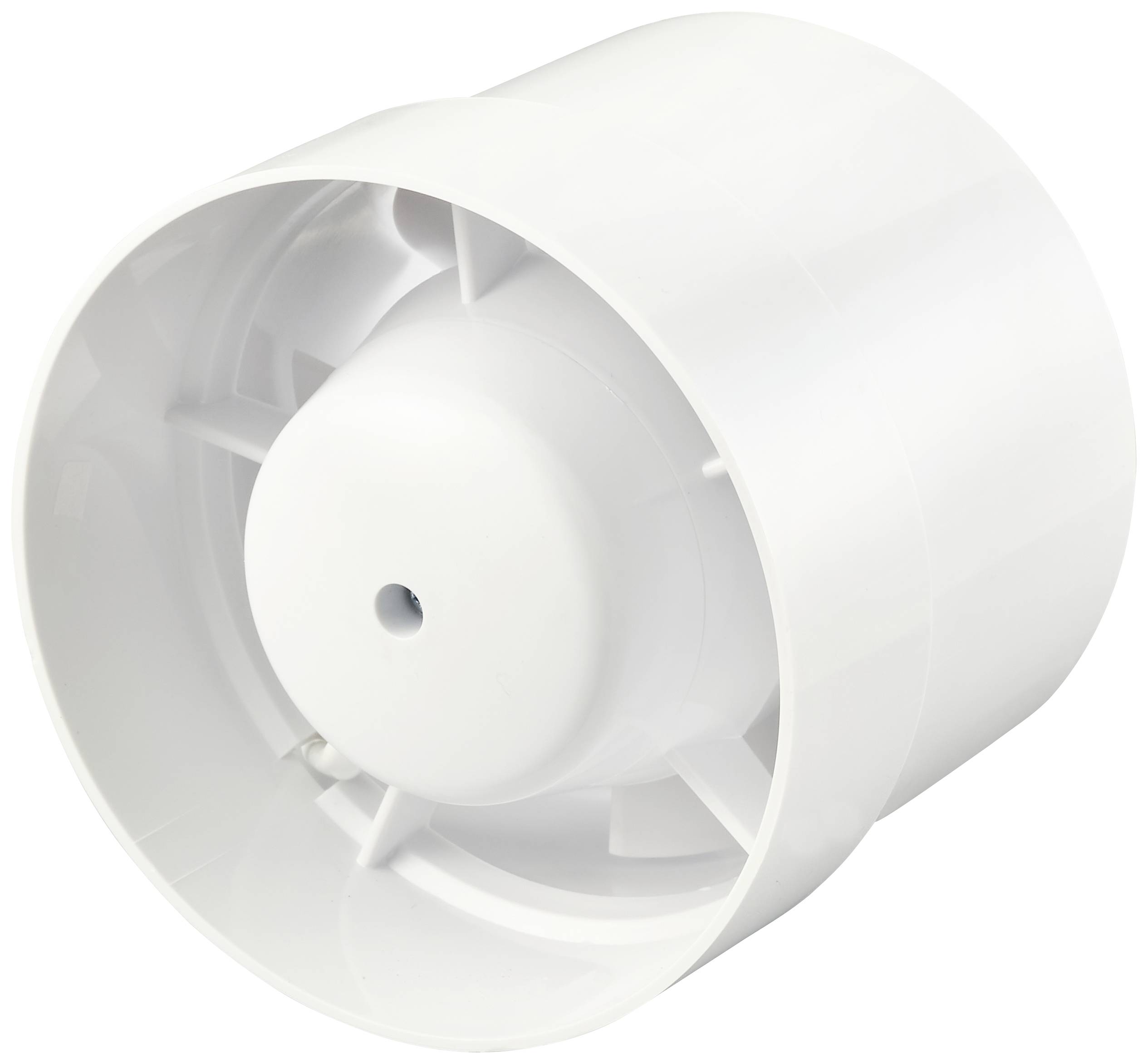 Weißer Lüfterflügel in zylindrischem Gehäuse, wahrscheinlich Teil eines Ventilationssystems.