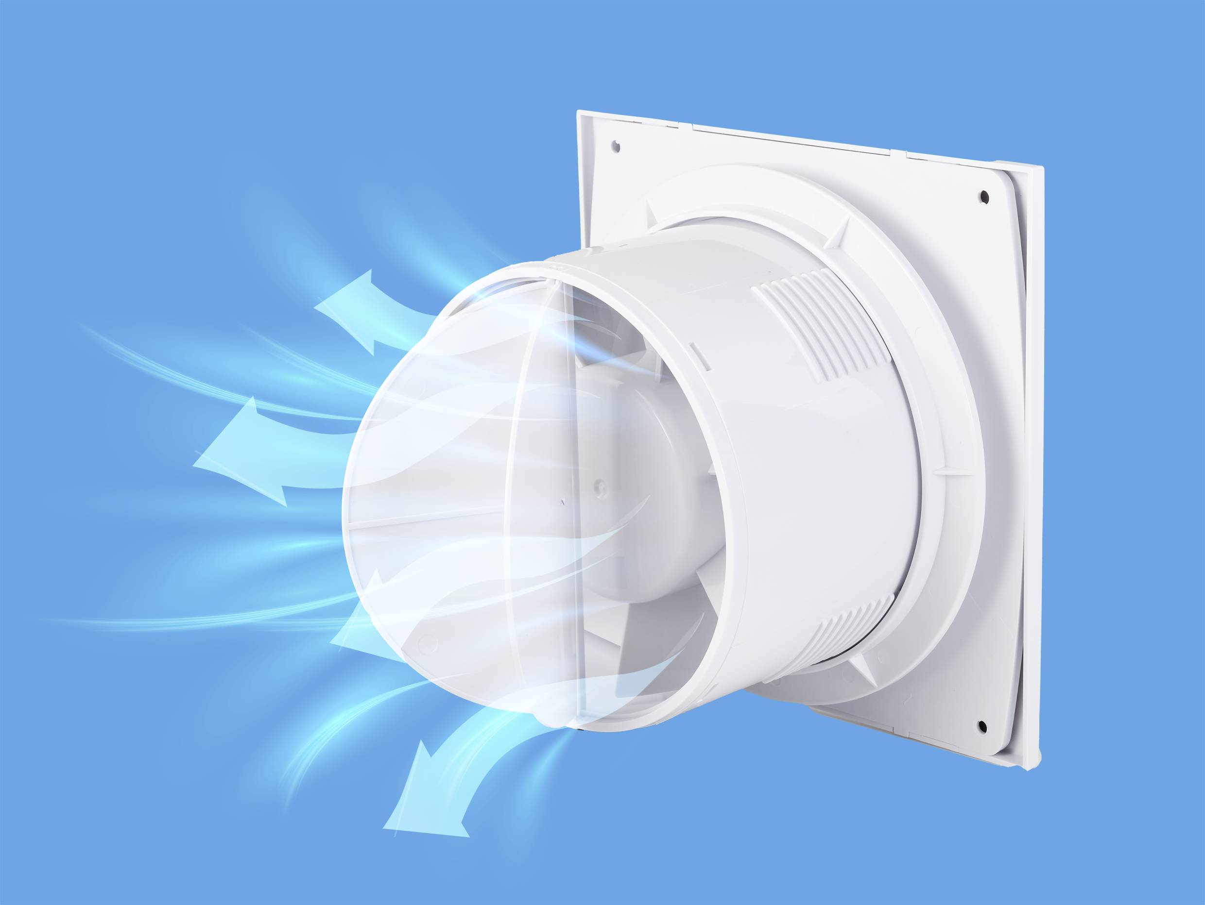 Ein weißer Lüftungsventilator, der auf einer blauen Fläche montiert ist. Es werden Luftströmungen gezeigt, die den Ventilator verlassen.