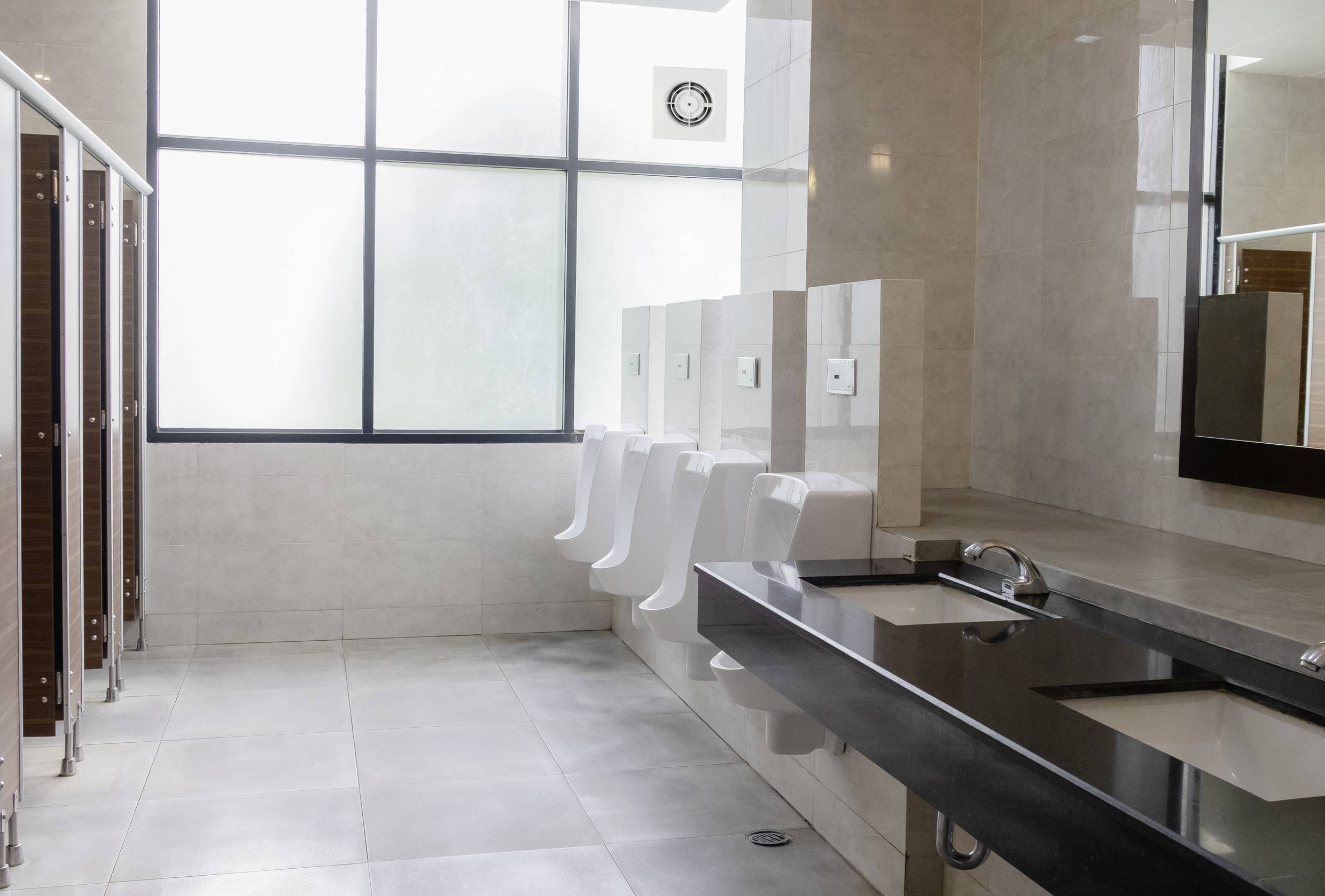 Ein moderner, sauberer Sanitärraum mit Toiletten, Pissoirs und Waschbecken. Große Fenster lassen viel Licht herein.