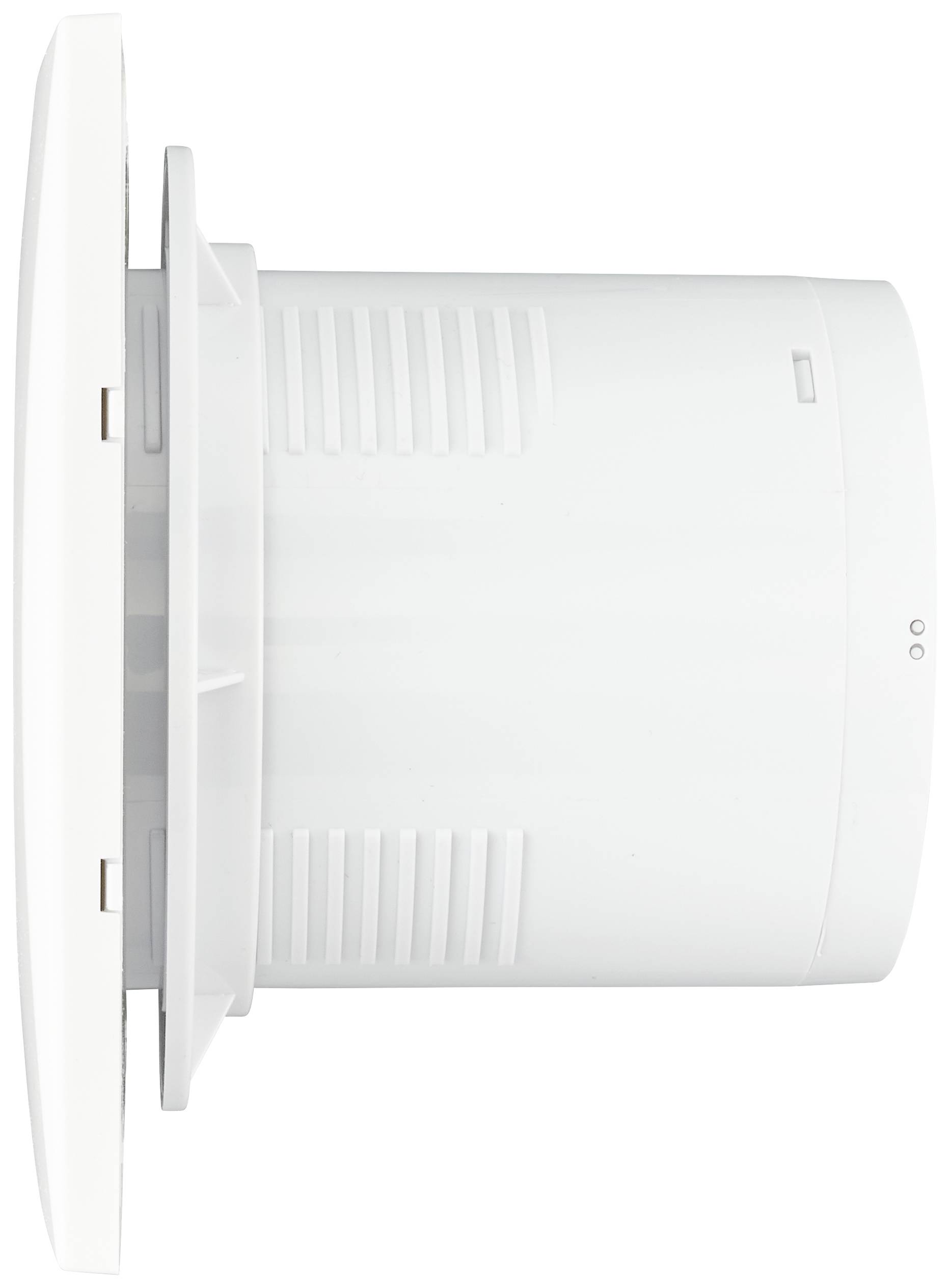 Seitenansicht eines weißen Rauchmelders, zeigt das zylindrische Gehäuse und Montageelemente, ohne sichtbare Markierungen oder Logos.