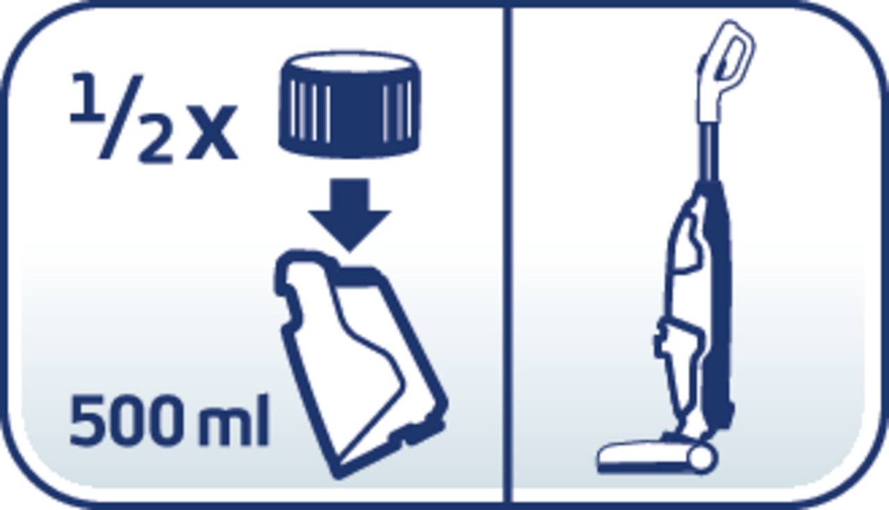 Beachten Sie, dass für eine Anwendung 500 ml Flüssigkeit und eine halbe Verschlusskappe des Reinigungsmittels benötigt werden.