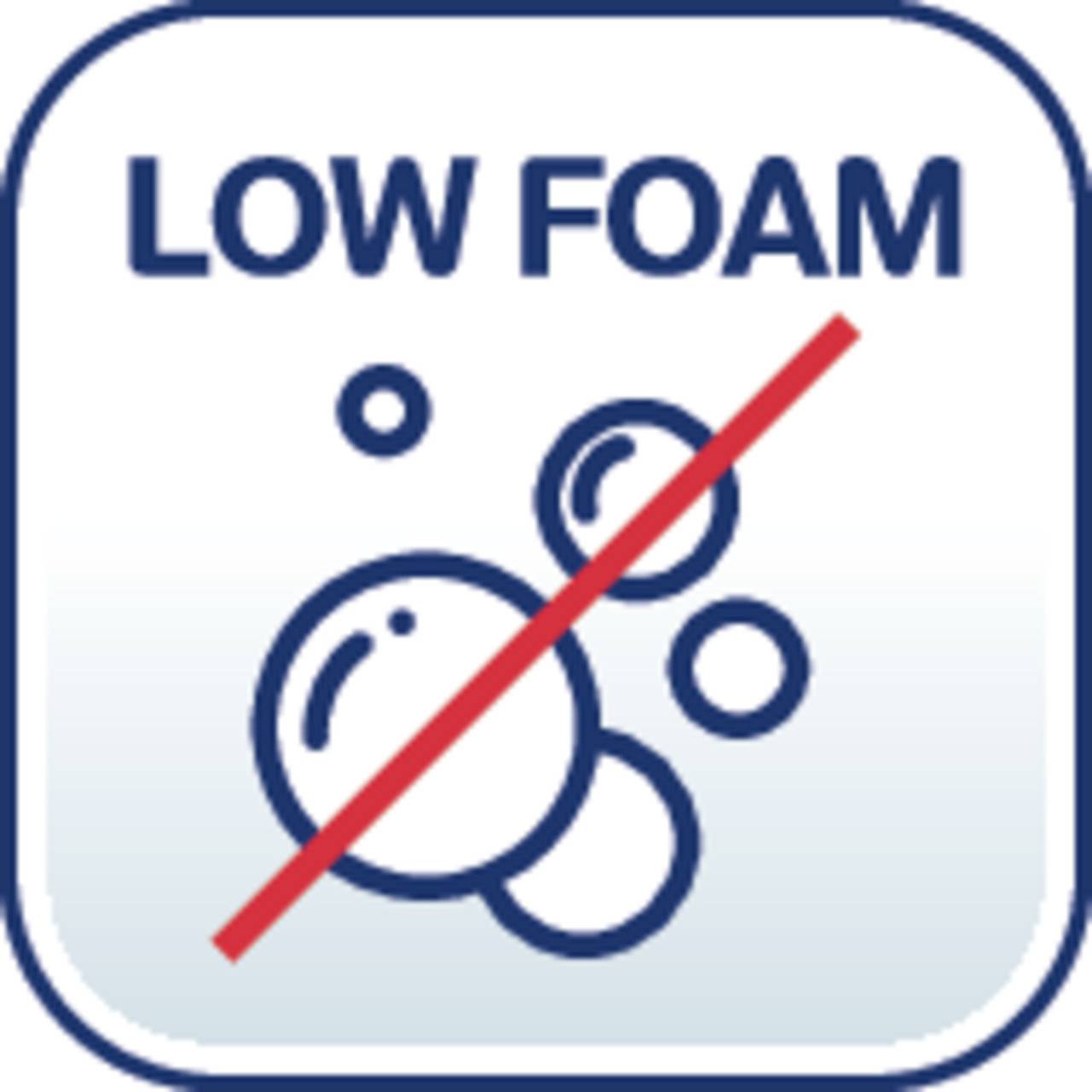 Symbol zeigt Blasen mit einem diagonalen roten Strich und dem Text 'Low Foam'.