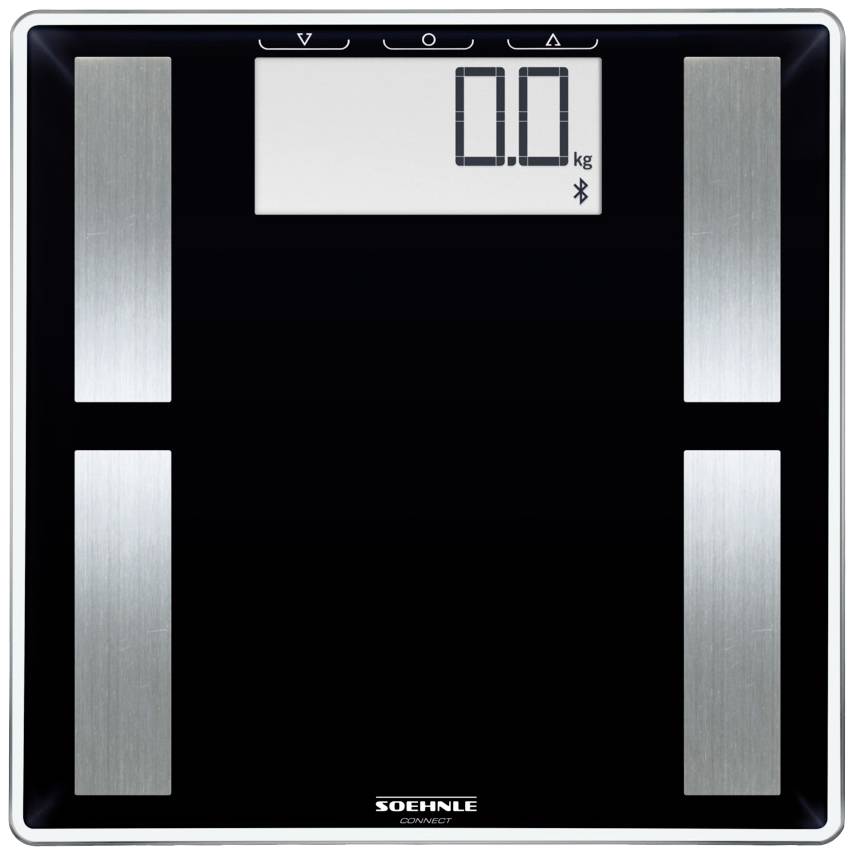 Digitale Personenwaage mit silbernen Sensorstreifen und großem Display, das '0.0 kg' anzeigt. Bluetooth-Symbol für Konnektivität.