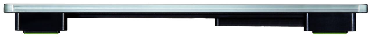 Eine Seitenansicht einer schmalen, rechteckigen Plattform mit metallischer Oberfläche und schwarzen Standfüßen.