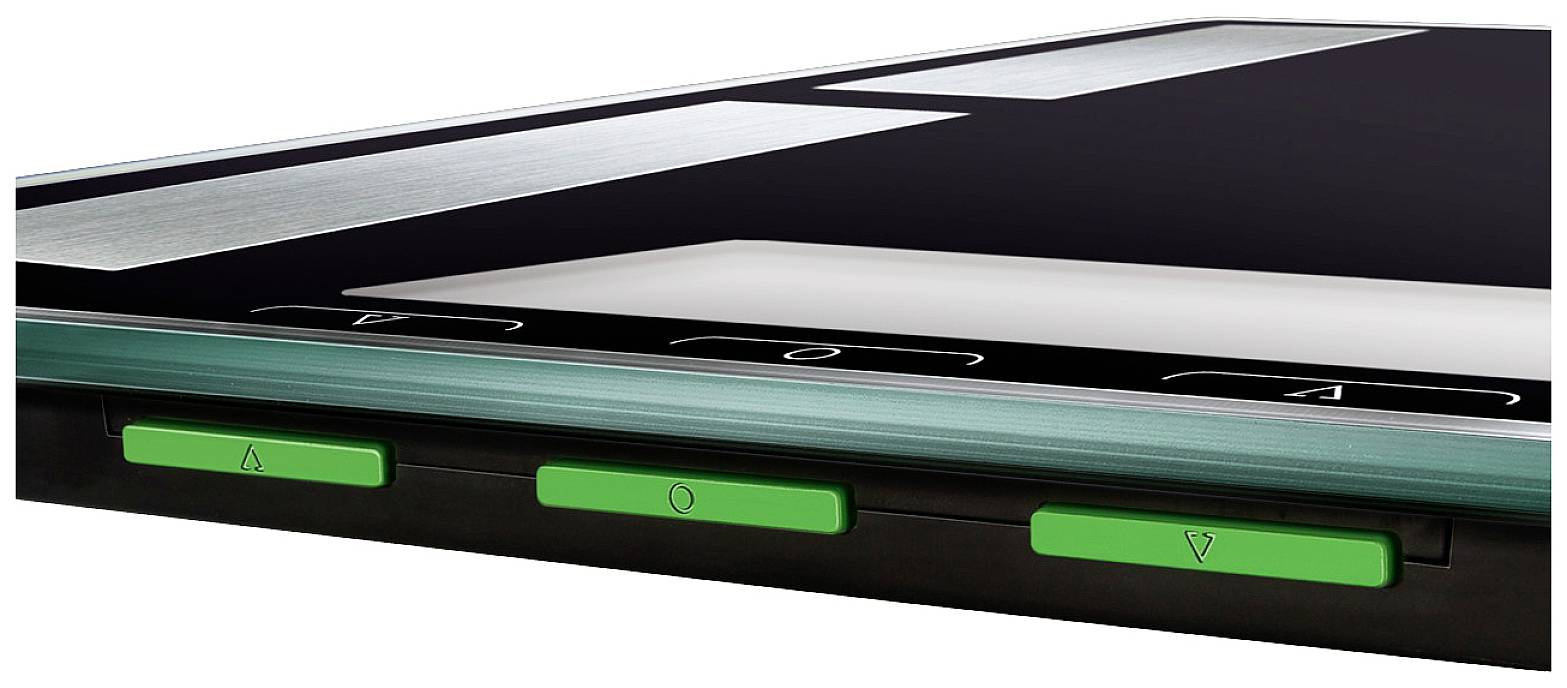 Seitlicher Blick auf ein elektronisches Gerät mit grünen Tasten und einem glatten, glänzenden Display.