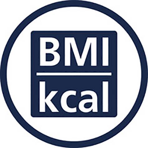 Symbol für Kalorienmessung: BMI und kcal in blauen Buchstaben auf weißem Hintergrund, umrahmt von einem blauen Kreis.