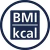 Symbol für Kalorienmessung: BMI und kcal in blauen Buchstaben auf weißem Hintergrund, umrahmt von einem blauen Kreis.