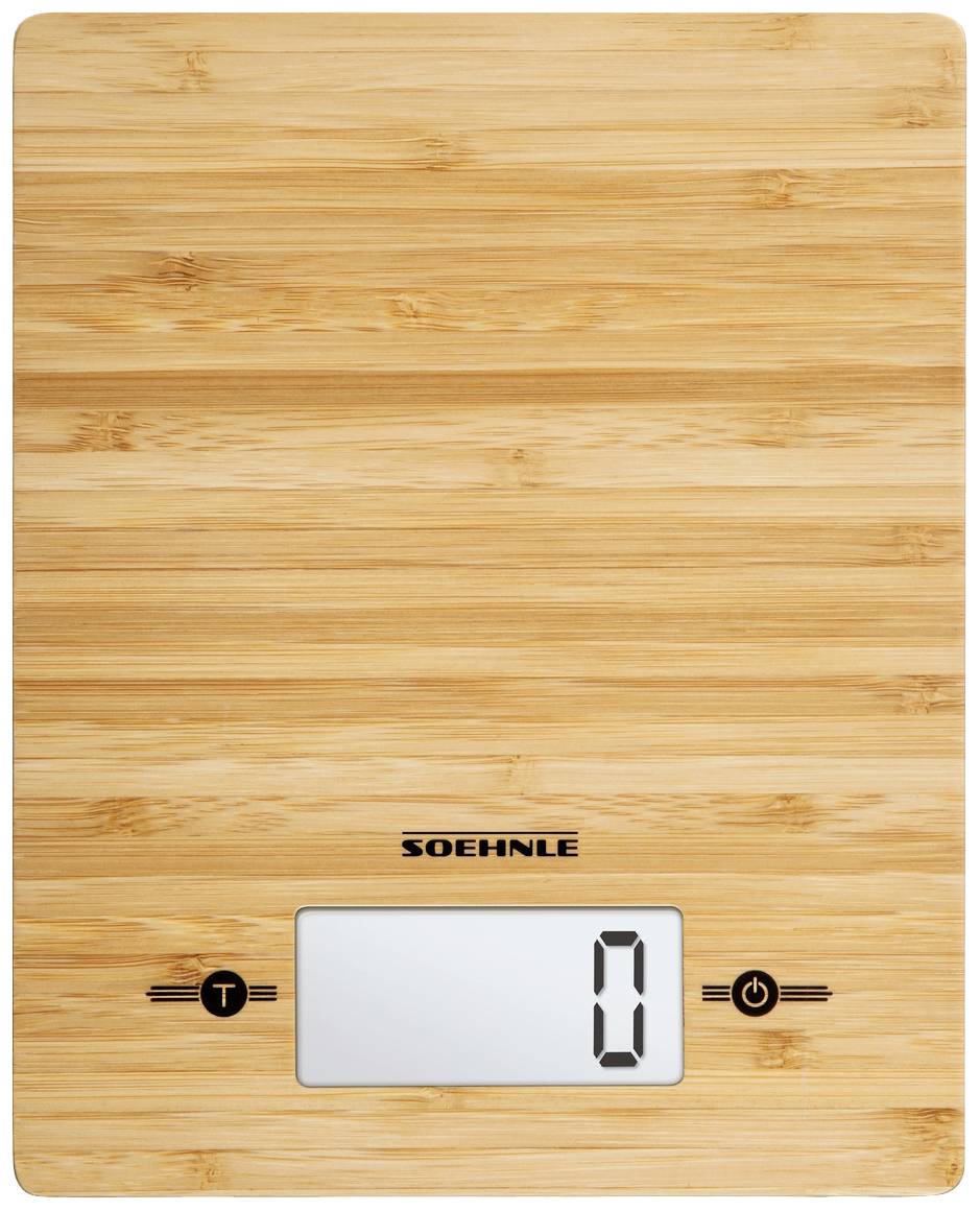 Digitale Küchenwaage aus Holz mit großem Display, das '0' anzeigt. Die Bedienknöpfe sind links und rechts vom Display.