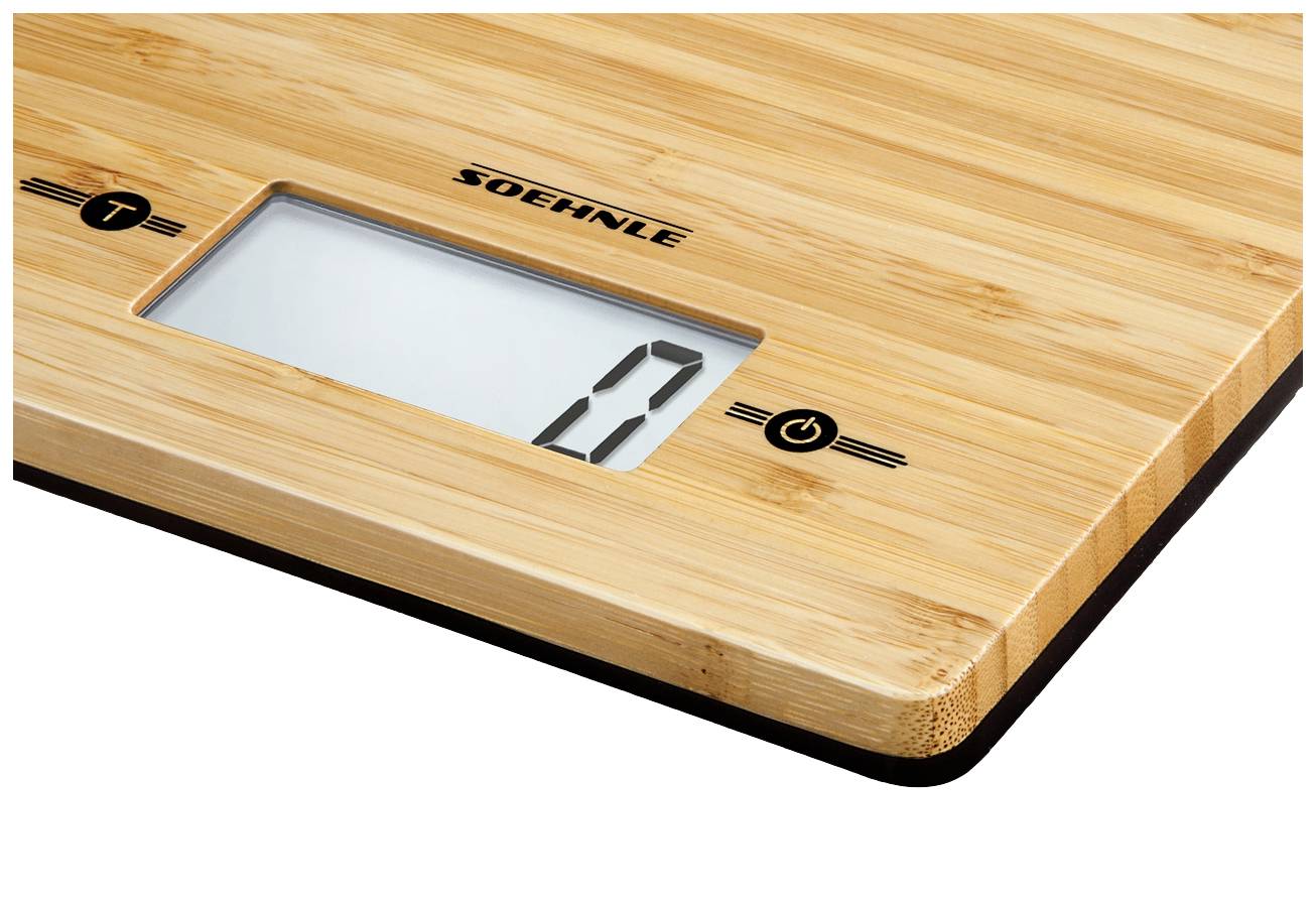 Digitale Küchenwaage aus Holz mit einem digitalen Display, das die Zahl '0' anzeigt. Links und rechts vom Display befinden sich Tasten.