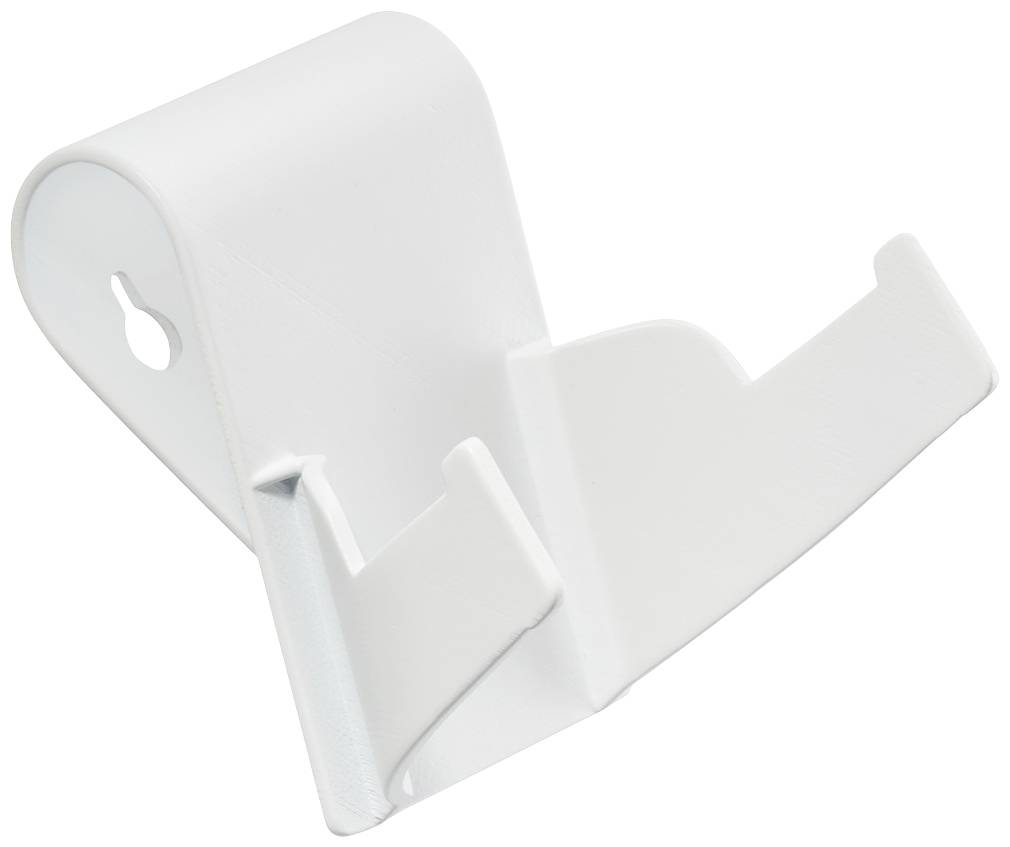 Ein weißer Telefonhalter aus Kunststoff, Wandmontage, minimalistisch, mit zwei Haken für Kabelorganisation, zur vertikalen Befestigung.