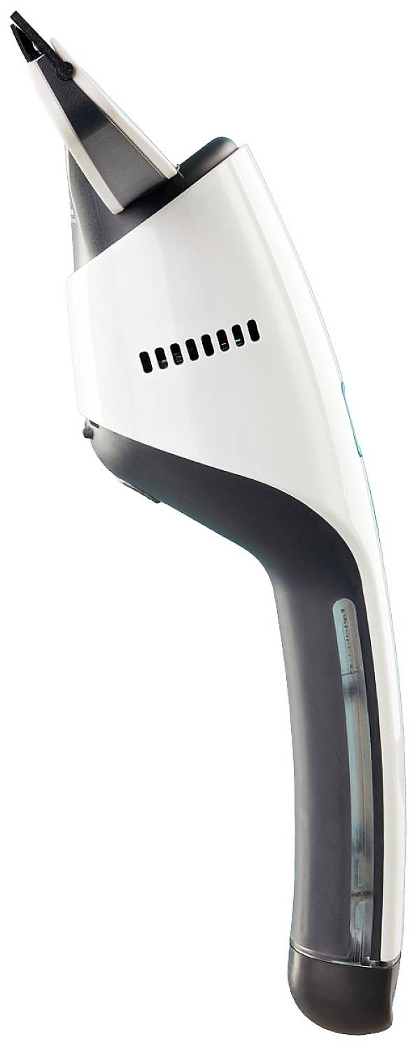Ein weißes, ergonomisch geformtes Gerät mit schwarzem Griff und schmalem, spitzem Kopf, möglicherweise ein technisches Werkzeug.