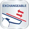 Das Bild zeigt ein Symbol mit einem Pfeil, der eine Wechselbewegung darstellt. Text: 'EXCHANGEABLE'.