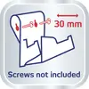 Zeichnung eines Halters mit zwei Schraubenplätzen und einem Pfeil mit '30 mm'. Text unten: 'Screws not included'.