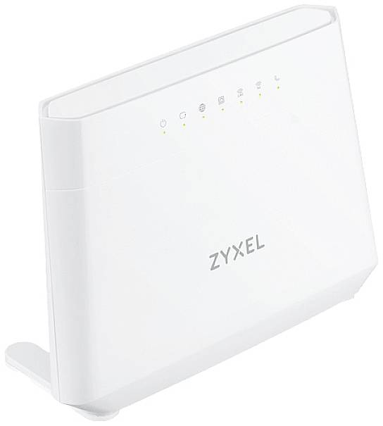 Ein weißer Zyxel-Router mit fünf leuchtenden LED-Anzeigen auf der Vorderseite, die den Status der Internetverbindung anzeigen.