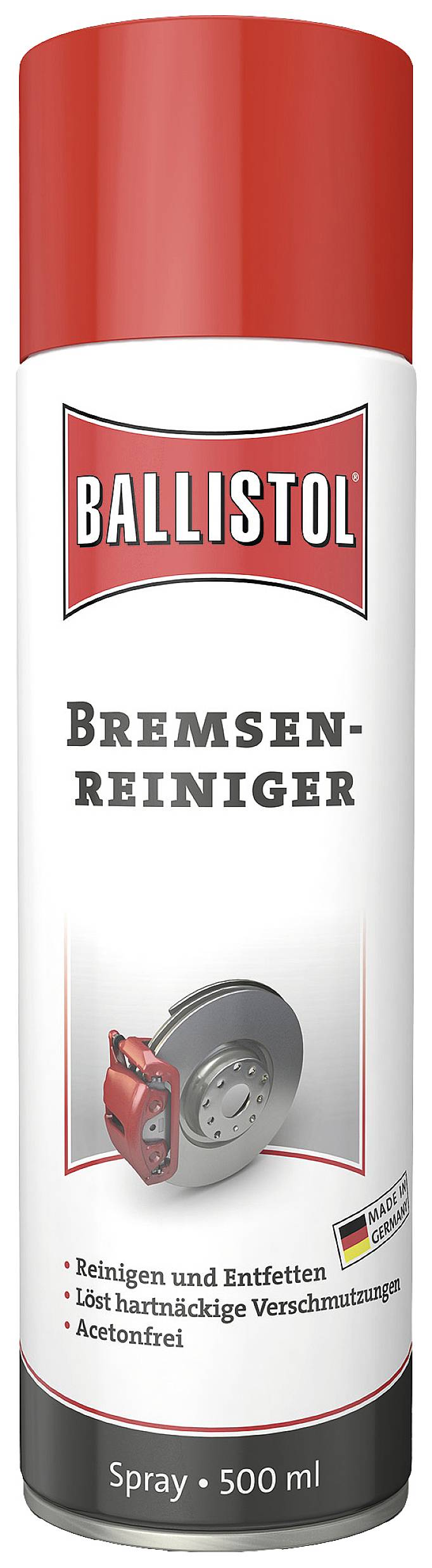 Sprühdose des Ballistol Bremsreinigers mit rotem Deckel; Text: 'Bremsen-Reiniger', entfernt Verschmutzungen, 500 ml.