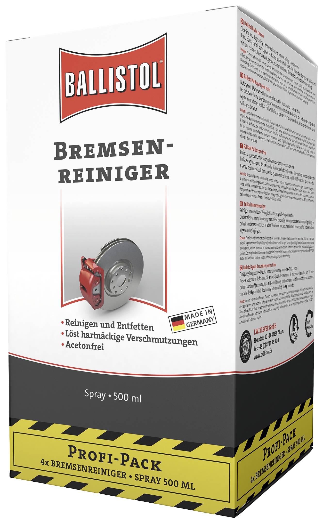 Verpackung eines Bremsenreinigers von Ballistol. 500 ml Spray, entfernt Fett und hartnäckigen Schmutz. Hergestellt in Deutschland.