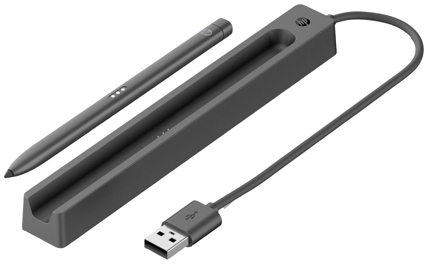 Grauer Eingabestift mit Ladestation und USB-Kabel.