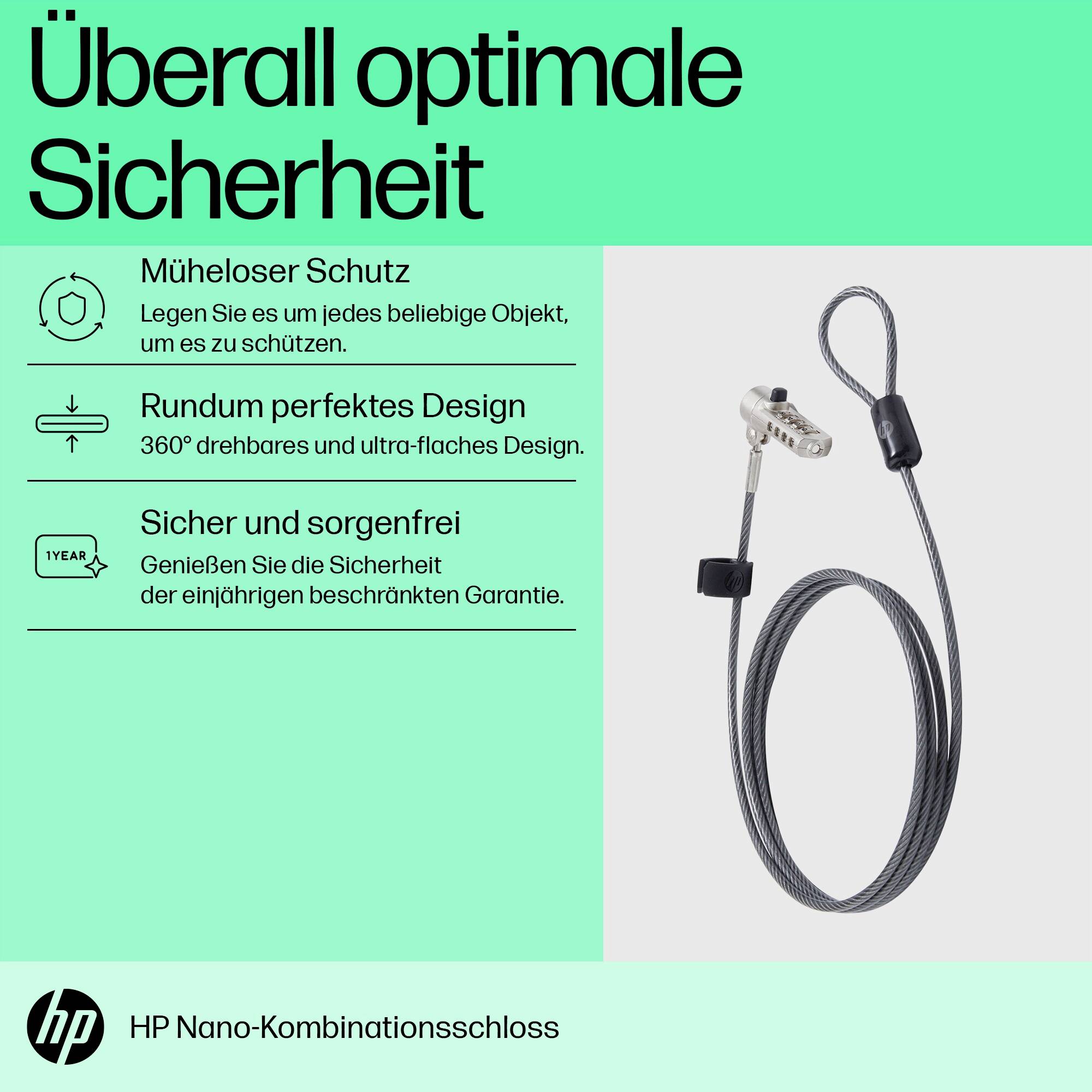 'Plakat über HP Nano-Kombinationsschloss: Müheloser Schutz, perfektes Design, einjährige Garantie für optimale Sicherheit.'