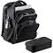 Schwarzer Laptop-Rucksack mit mehreren Fächern, einer Wasserflasche an der Seite und einer passenden kleinen Tasche vorne platziert.
