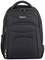 Ein schwarzer Rucksack mit mehreren Fächern und einem Markenlogo oben. Geeignet für den Transport von Laptops und Zubehör.