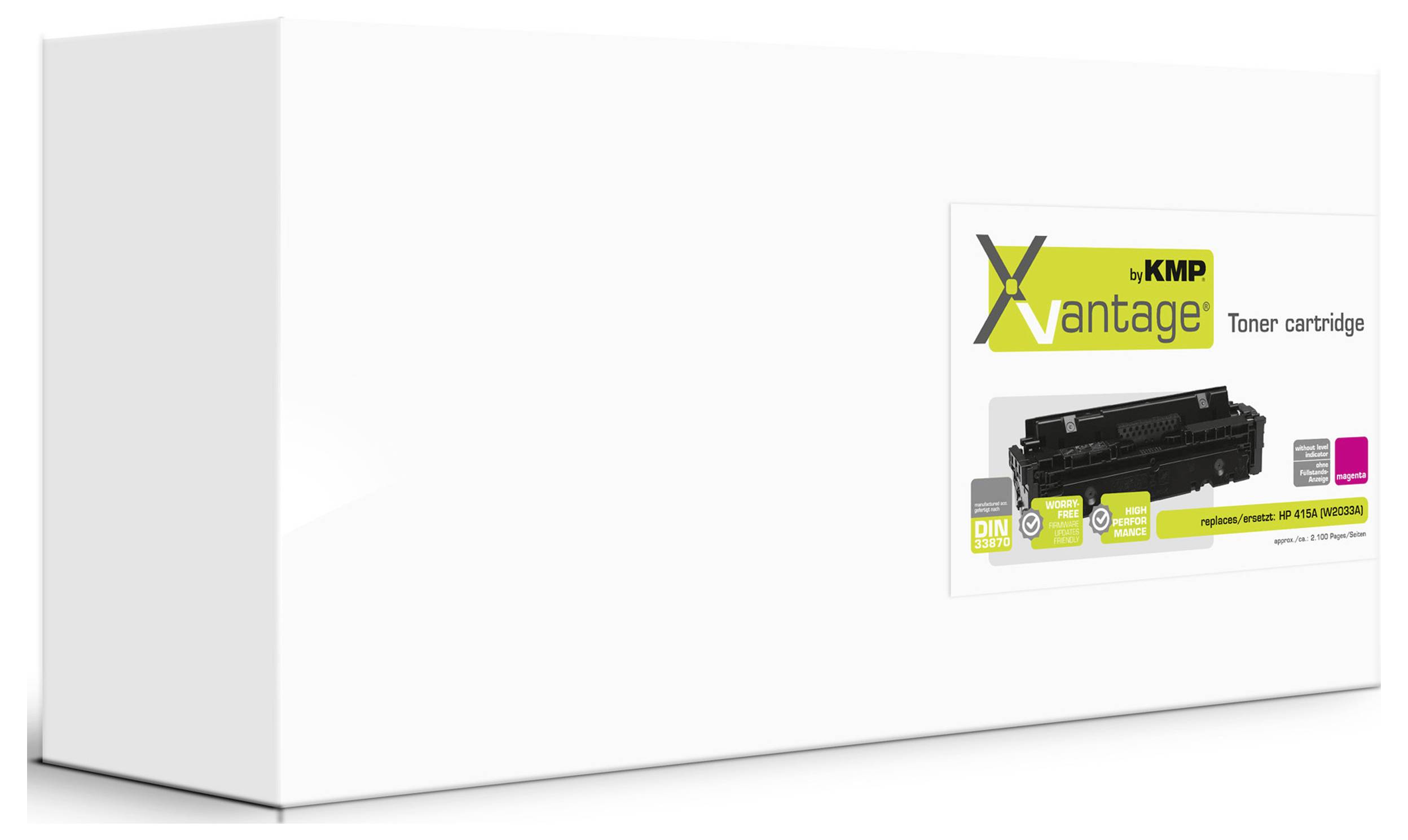 Weiße Produktschachtel mit einem kleinen Etikett, das eine kMP Vantage Tonerkartusche zeigt, sowie ein Bild der Kartusche.