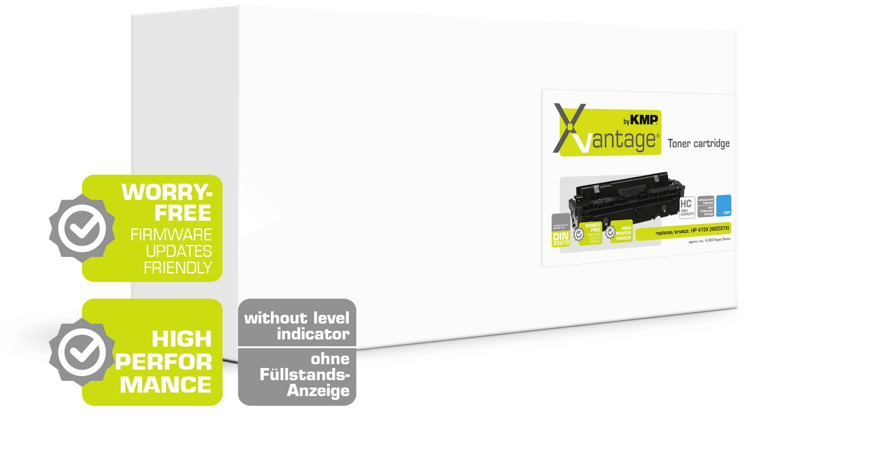Eine weiße Verpackung mit Aufkleber zeigt eine xMP Vantage Tonerkartusche. Text: 'Ohne Füllstands-Anzeige', 'Hohe Leistung'.